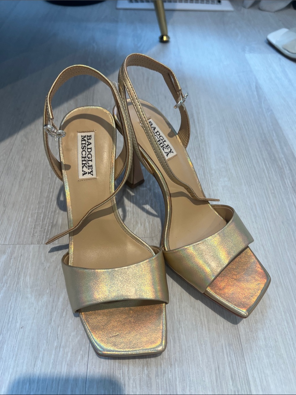 Badgley Mischka Iridescent Gold Square-Toe Slingback Heels